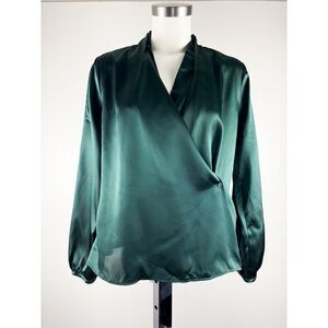 Calvin Klein Top Women’s M Green Faux Wrap Satin M Career V Neck